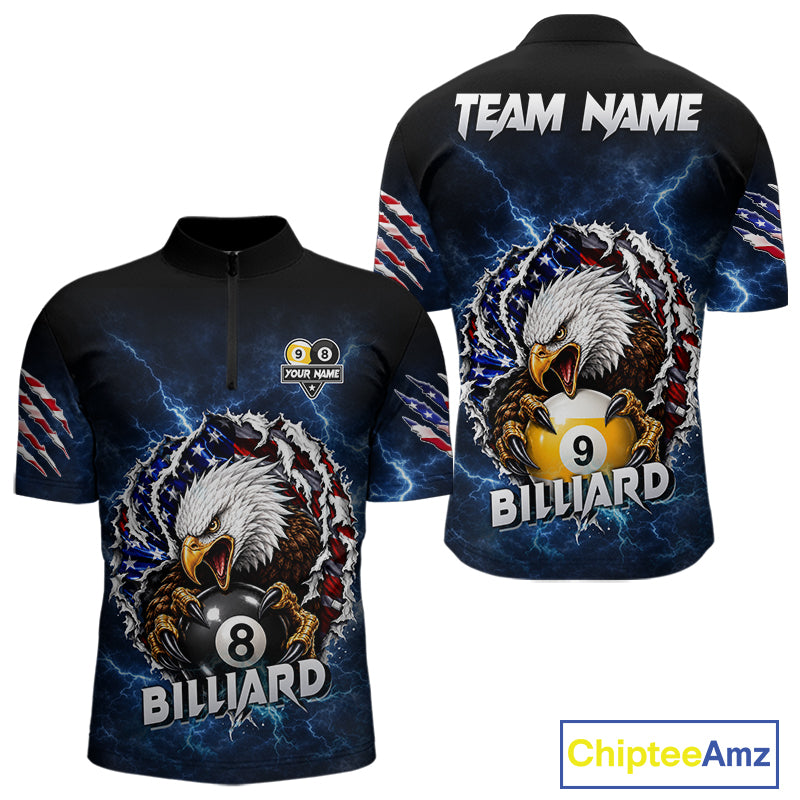 Blue lightning eagle American flag 8 ball and 9 ball billiard quarter zip shirt for men built for tournaments and league competition.