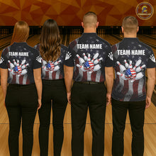 Load image into Gallery viewer, Bowling team wearing matching retro American flag patriotic bowling jerseys back view.