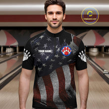 Load image into Gallery viewer, Man wearing retro American flag patriotic bowling quarter zip shirt front view.