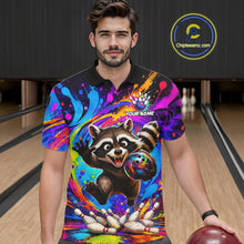 Load image into Gallery viewer, Man wearing funny colorful raccoon bowling polo shirt front view.