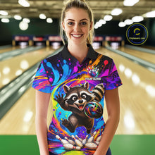 Load image into Gallery viewer, Woman wearing funny colorful raccoon bowling polo shirt front view.