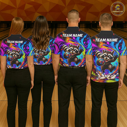 Bowling team wearing matching colorful raccoon bowling jerseys back view.