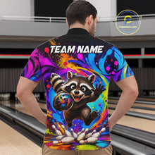 Load image into Gallery viewer, Man wearing funny colorful raccoon bowling quarter zip shirt back view.