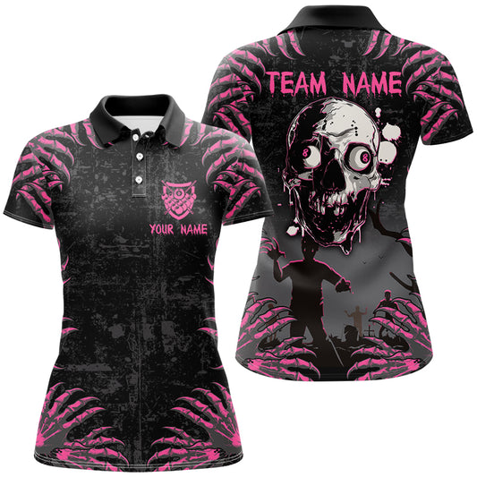 Funny Skull Claw Pattern Custom Women Billiard Shirts, Grunge Pink Black Halloween Billiard Jerseys TDM2698