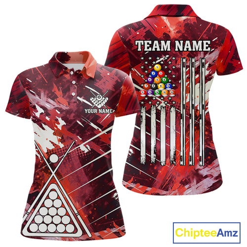 Red Grunge US Flag Billiard Shirt For Women Custom 8 Ball Pool Team Shirt, Funny Billiard Jersey TDM4970