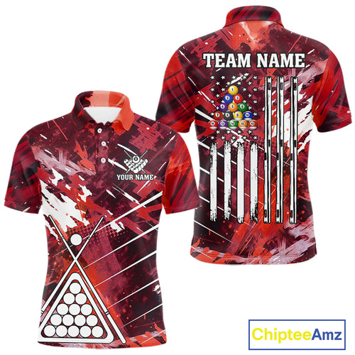 Red Grunge US Flag Billiard Shirt For Men Custom 8 Ball Pool Team Shirt, Funny Billiard Jersey TDM4970