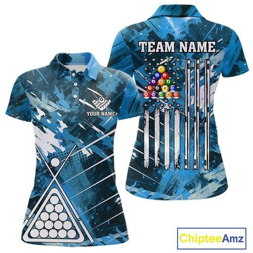 Blue Grunge US Flag Billiard Shirt For Women Custom 8 Ball Pool Team Shirt, Funny Billiard Jersey TDM4971