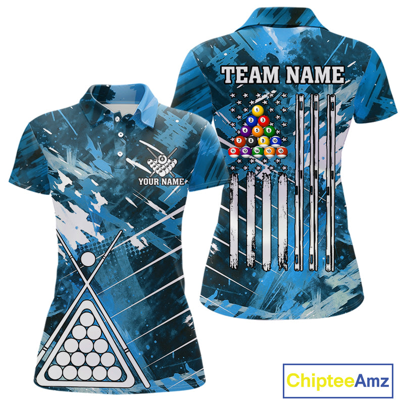 Blue Grunge US Flag Billiard Shirt For Women Custom 8 Ball Pool Team Shirt, Funny Billiard Jersey TDM4971