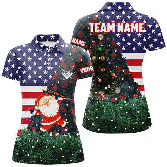 Personalized Santa American Flag Billiard Polo Shirts, Billiard Patriotic Women Christmas Shirts TDM0526
