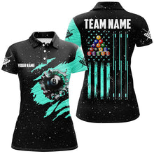 Load image into Gallery viewer, Customized Grunge American Flag 8 Ball Pool Women Billiard Polo Shirts, Pool Player Shirts |Turquoise TDM3172