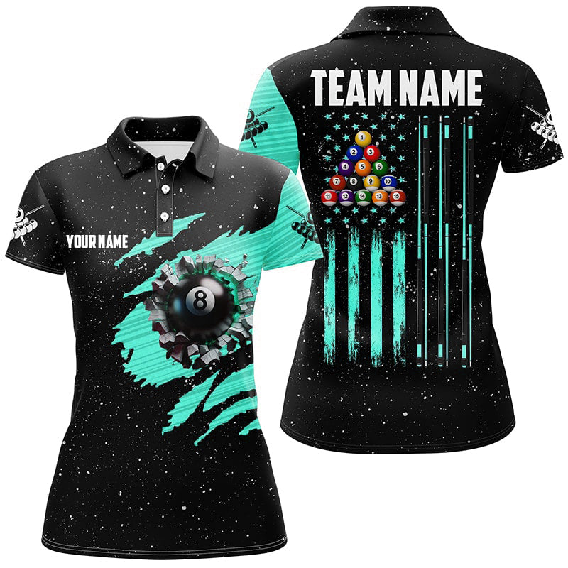 Customized Grunge American Flag 8 Ball Pool Women Billiard Polo Shirts, Pool Player Shirts |Turquoise TDM3172
