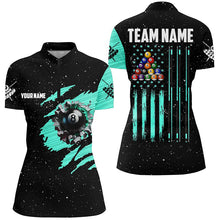 Load image into Gallery viewer, Customized Grunge American Flag 8 Ball Pool Women Billiard Polo Shirts, Pool Player Shirts |Turquoise TDM3172