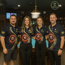 Load image into Gallery viewer, Personalized 8 Ball Fire Gold Tribal Billiard Shirt For Women, Billiard Jersey Team Polo &amp; 1/4 Zip TDM5401