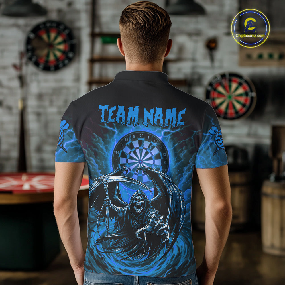 Personalized Blue Grim Reaper Lightning Darts Shirt For Men, Darts Team Jersey Polo & 1/4 Zip TDM5897