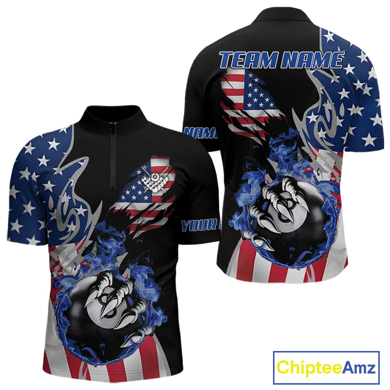 8 Ball Pool Claw American Flag Billiard Shirt For Men Custom Patriotic Billiard Team Jersey|Black TDM6042