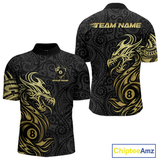 Personalized Black And Gold Tribal Dragon Billiard Shirt For Men Custom 8 Ball Pool Team Jerseys TDM4160