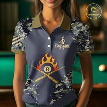 Load image into Gallery viewer, Personalized Flame 8 Ball Camo Billiard Shirts Custom Navy Blue Pool Team Jerseys Polo &amp; 1/4 Zip TDM4332