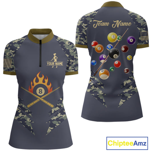 Personalized Flame 8 Ball Camo Billiard Shirts Custom Navy Blue Pool Team Jerseys Polo & 1/4 Zip TDM4332
