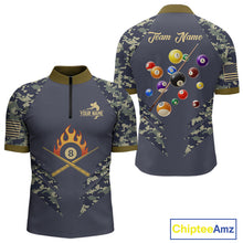 Load image into Gallery viewer, Personalized Flame 8 Ball Camo Billiard Shirts Custom Navy Blue Pool Team Jerseys Polo &amp; 1/4 Zip TDM4332