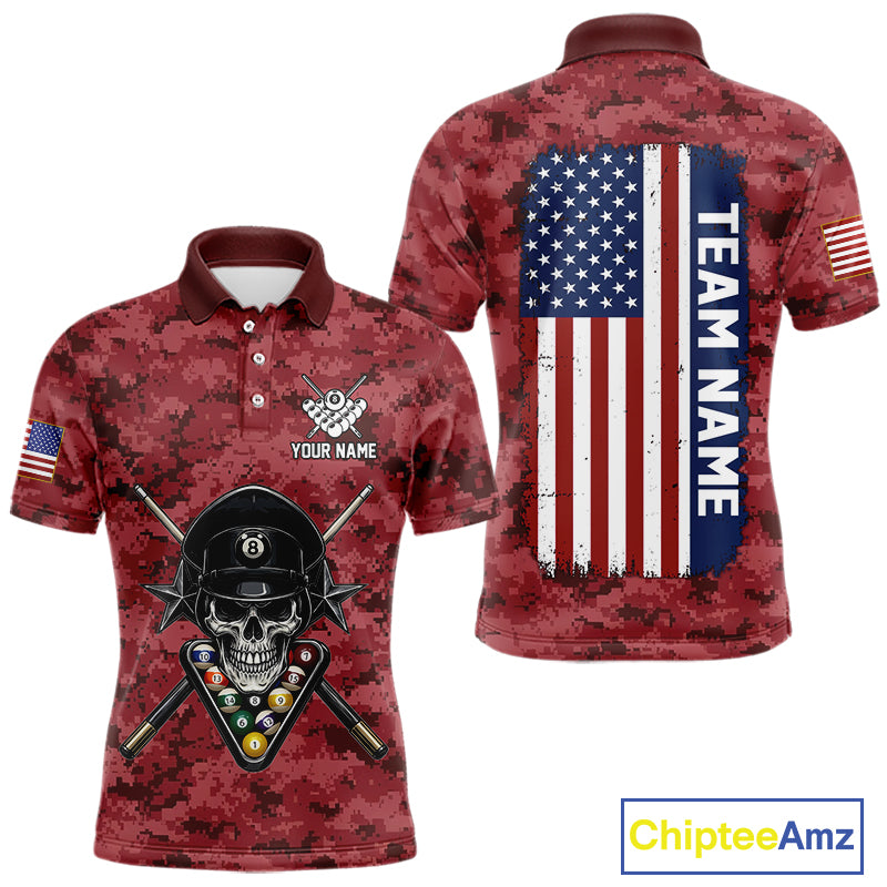 Personalized Red Camo Skull Billiard Shirt For Men Custom Patriotic US Flag Pool Team Jersey TDM5165