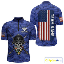Load image into Gallery viewer, Personalized Blue Camo Skull Billiard Shirt For Men Custom Patriotic US Flag Pool Team Jersey TDM5166