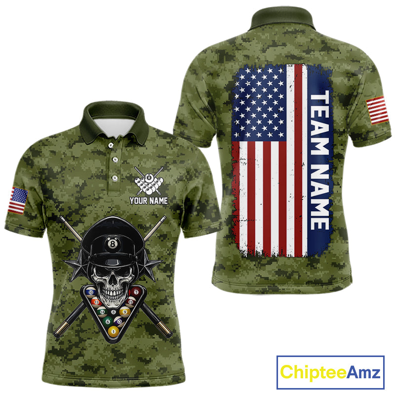 Personalized Military Green Camo Skull Billiard Shirt For Men, Patriotic US Flag Pool Team Jersey TDM5167
