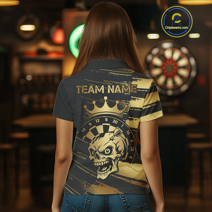 Black And Gold Funny Skull Crown Darts Shirt For Women Custom Dart Jerseys Team Polo & Quarter Zip TDM5168