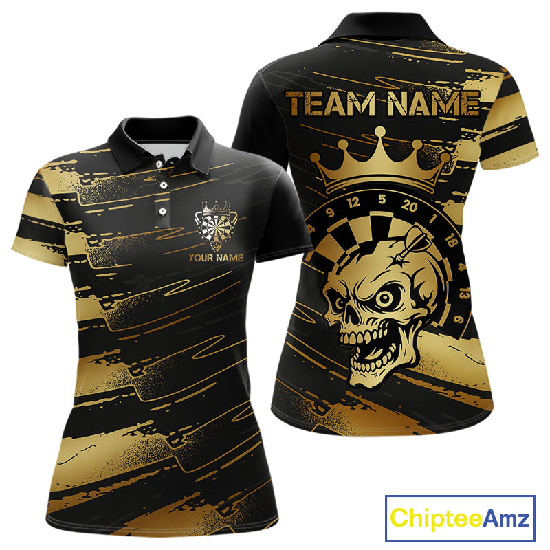Black And Gold Funny Skull Crown Darts Shirt For Women Custom Dart Jerseys Team Polo & Quarter Zip TDM5168