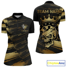 Load image into Gallery viewer, Black And Gold Funny Skull Crown Darts Shirt For Women Custom Dart Jerseys Team Polo &amp; Quarter Zip TDM5168
