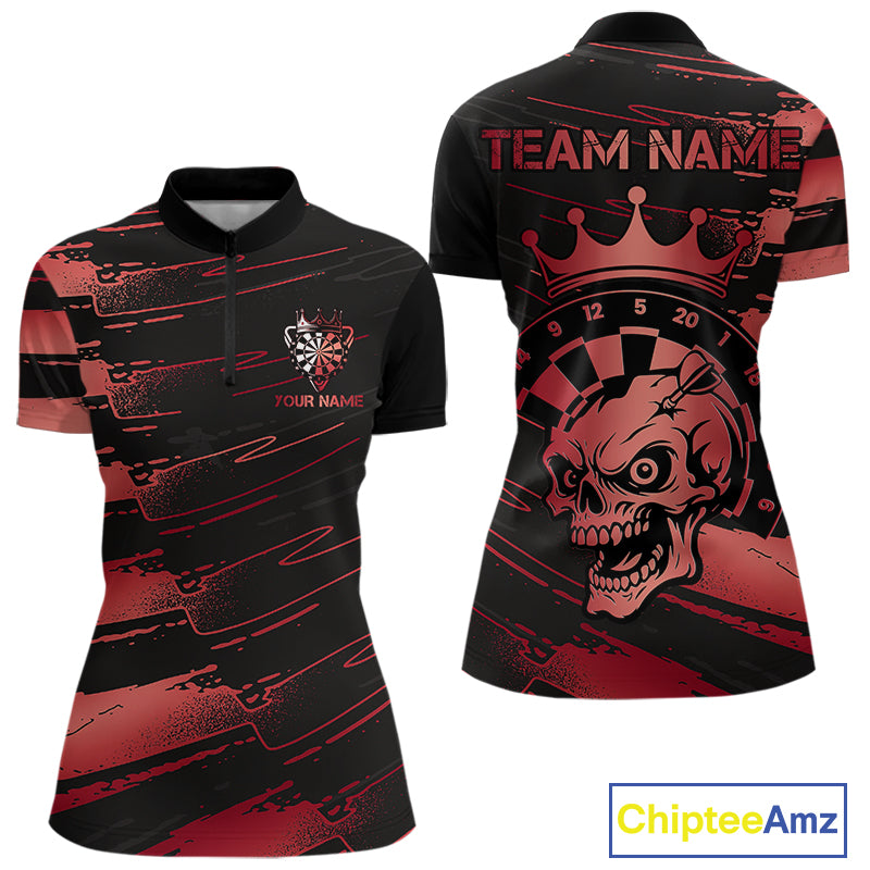 Black And Red Funny Skull Crown Darts Shirt For Women Custom Dart Jerseys Team Polo & Quarter Zip TDM5169