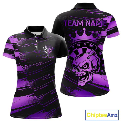 Black And Purple Funny Skull Crown Darts Shirt For Women Custom Dart Jerseys Team Polo & 1/4 Zip TDM5170