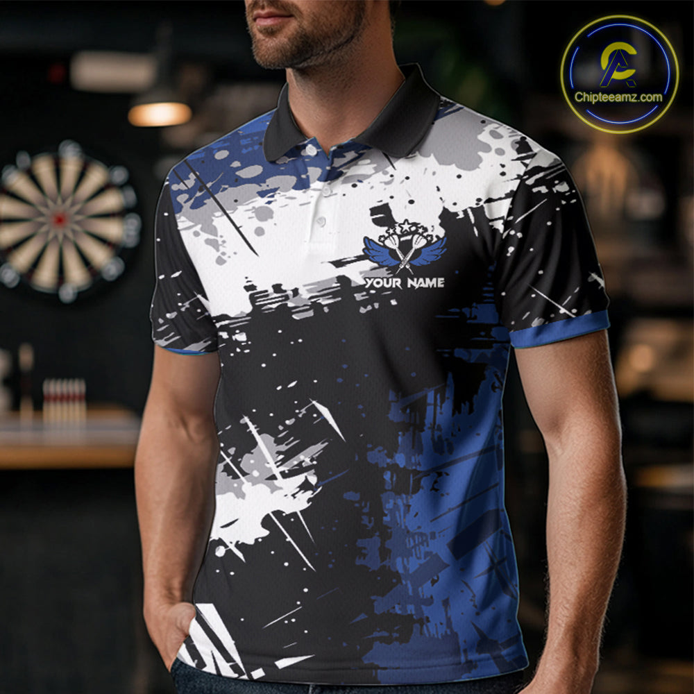 Custom Blue Grunge Darts Shirt With Pocket Option For Men, Dart Team Jersey TDM3538