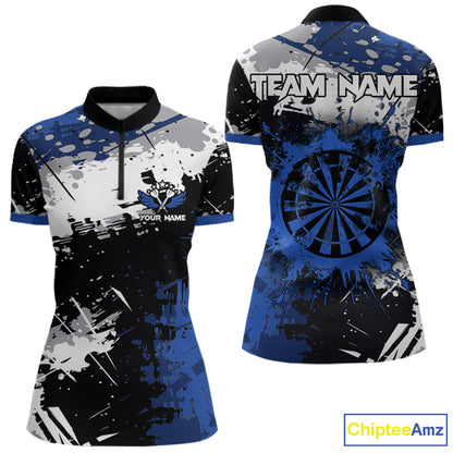 Custom Blue Grunge Darts Shirt With Pocket Option For Women, Dart Team Jersey TDM3538