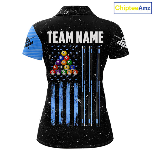 Custom Grunge American Flag 8 Ball Billiard Polo & 1/4 Zip For Women, Pool Team Jersey |Blue TDM5902