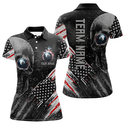 Personalized Billiard Skull 8 Ball Pool Smoke US Flag Women Polo Shirts, Patriotic Billiards Outfit TDM1208