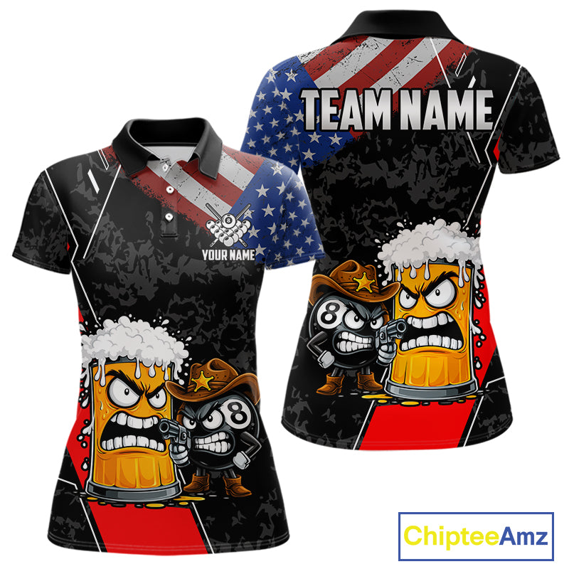 Funny Beer US Flag 8 Ball Pool Billiard Shirt For Women Custom Billiard Team Jersey Polo & 1/4 Zip TDM6047