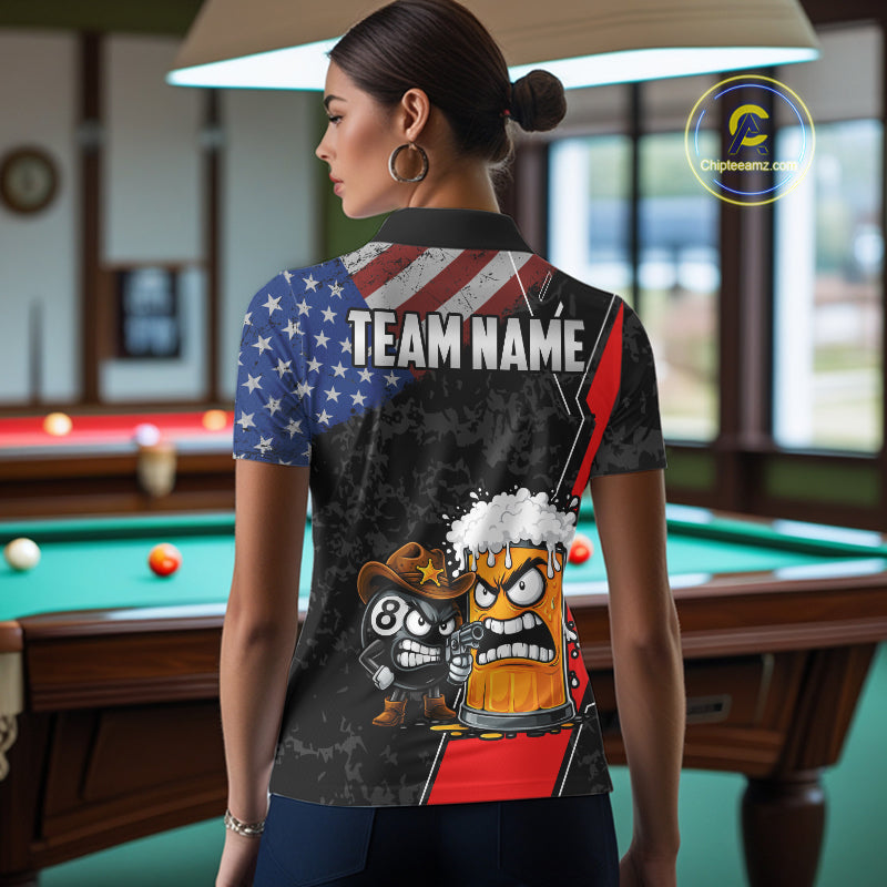 Funny Beer US Flag 8 Ball Pool Billiard Shirt For Women Custom Billiard Team Jersey Polo & 1/4 Zip TDM6047