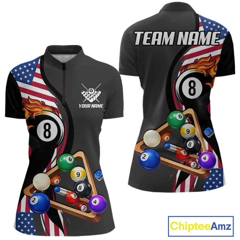 Personalized American Flag Pool Balls Billiard Shirt For Women, 8 Ball Jersey Team Polo & 1/4 Zip TDM6050