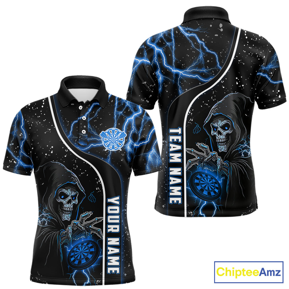 Custom Blue Darts Lightning Grim Reaper Polo & 1/4 Zip, Darts Shirt For Men, Darts Team Jersey TDM6308