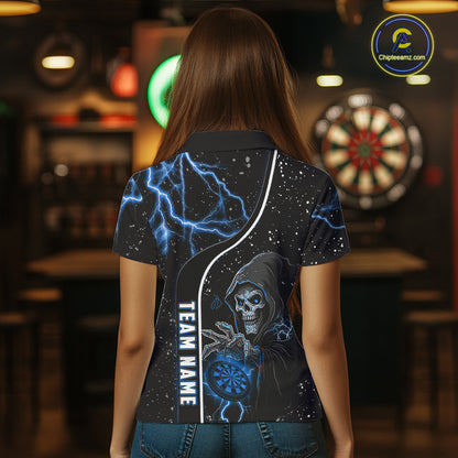 Custom Blue Darts Lightning Grim Reaper Polo & 1/4 Zip, Darts Shirt For Women, Darts Team Jersey TDM6308