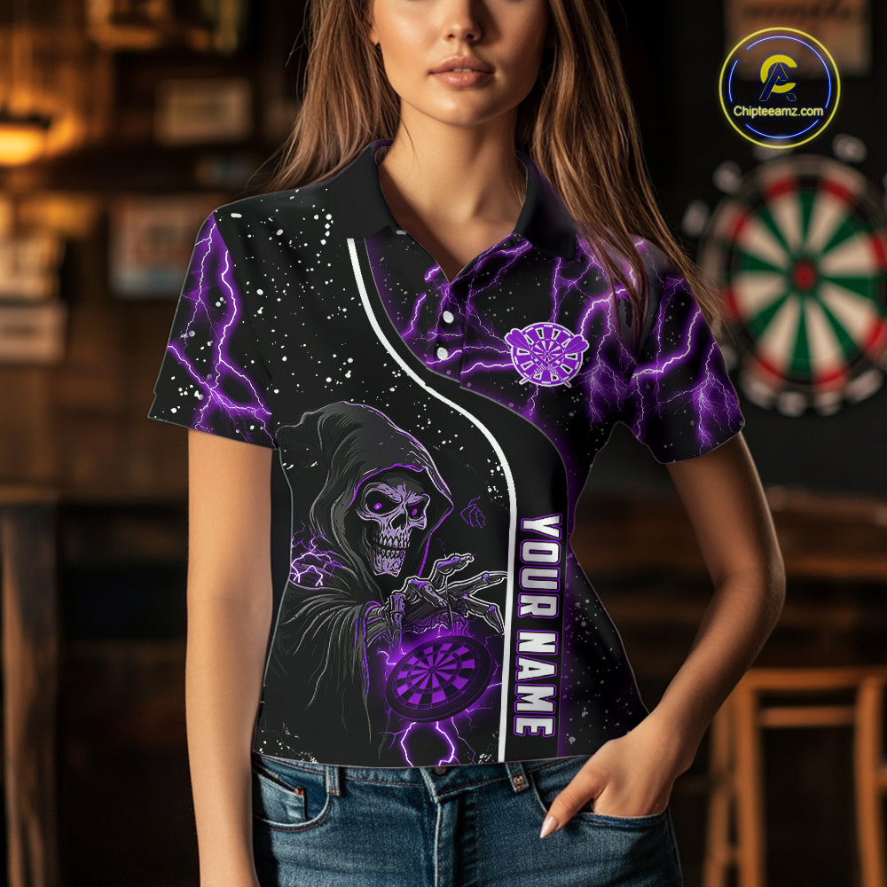 Custom Purple Darts Lightning Grim Reaper Polo & 1/4 Zip, Darts Shirt For Women, Darts Team Jersey TDM6309