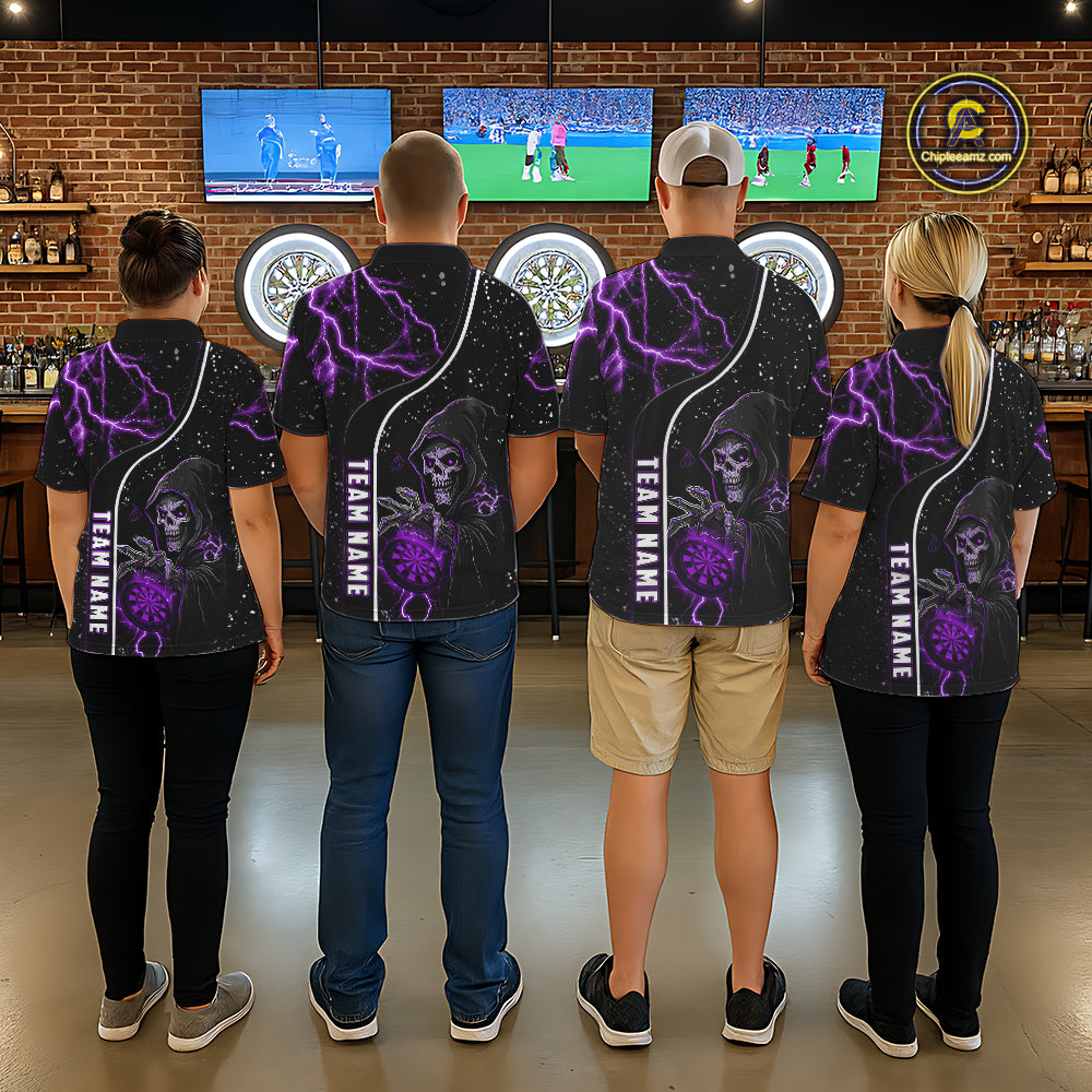 Custom Purple Darts Lightning Grim Reaper Polo & 1/4 Zip, Darts Shirt For Women, Darts Team Jersey TDM6309