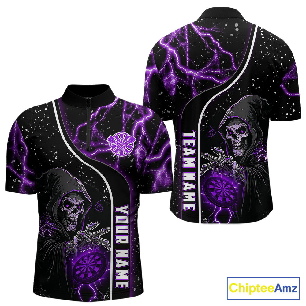 Custom Purple Darts Lightning Grim Reaper Polo & 1/4 Zip, Darts Shirt For Men, Darts Team Jersey TDM6309