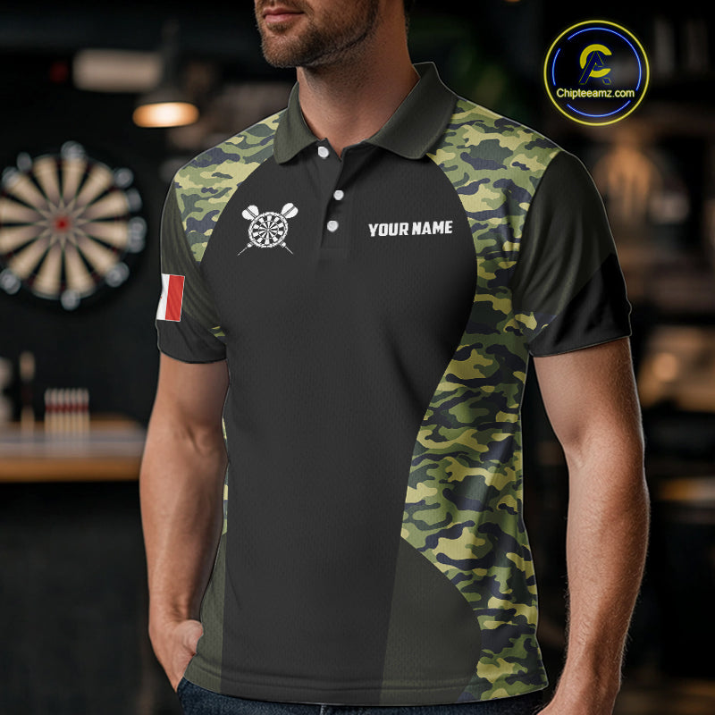Canada Waving Flag Skull Green Camo Custom Dart Shirts For Men, Patriotic Dart Team Jerseys TDM4165
