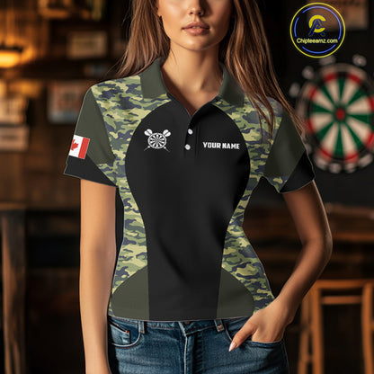 Canada Waving Flag Skull Green Camo Custom Dart Shirts For Women, Patriotic Dart Team Jerseys TDM4165