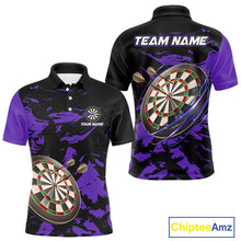 Load image into Gallery viewer, Personalized Black And Purple Splash Dart Polo &amp; Quarter Zip Custom Dart Shirt For Men Darts Jersey TDM4169