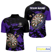 Load image into Gallery viewer, Personalized Black And Purple Splash Dart Polo &amp; Quarter Zip Custom Dart Shirt For Men Darts Jersey TDM4169