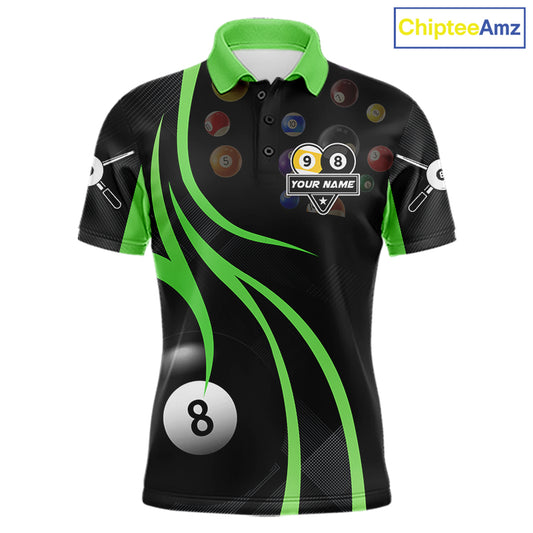 Green 8 ball and 9 ball billiard polo shirt for men with custom pool team graphics.