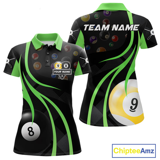 Green 8 ball and 9 ball billiard polo shirt for women with custom pool team graphics.