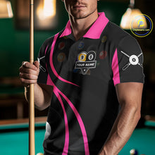 Load image into Gallery viewer, Man wearing a pink 8 ball and 9 ball billiard jersey beside a pool table front view.